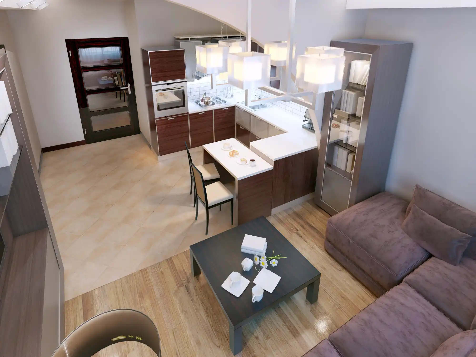 Apartamento mobiliado para alugar: imagem de cima de apartamento mobiliado, com cozinha e sala. Possui sofás, cadeiras, mesas, estante, geladeira, abajur e mais.