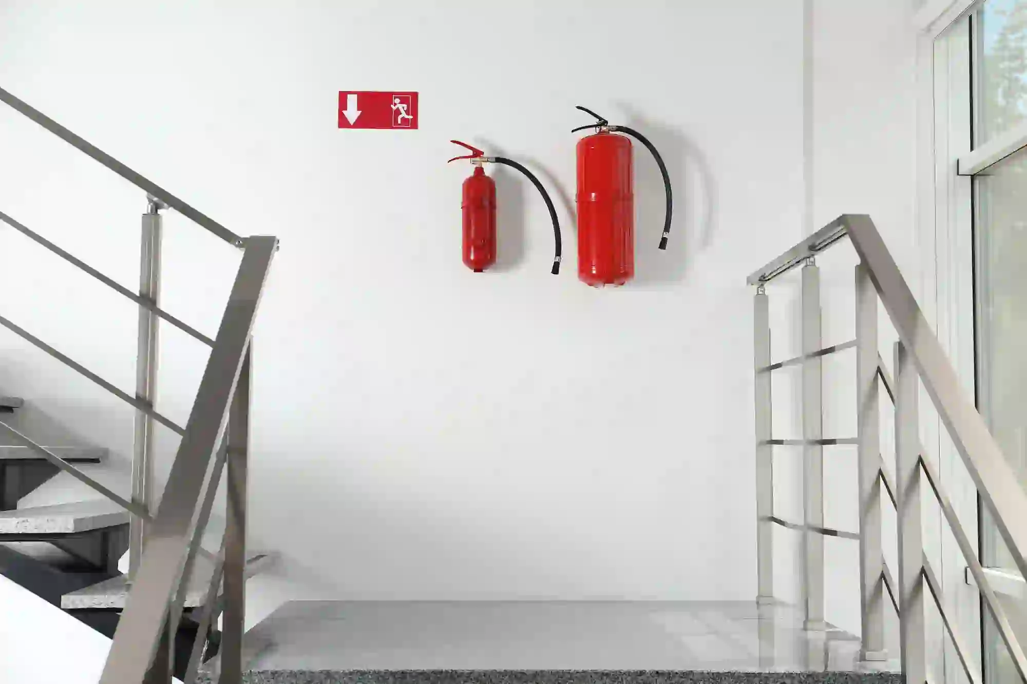 Auto de Vistoria do Corpo de Bombeiros (AVCB): imagem de escada com extintores de incêndio e placa com saída de emergência