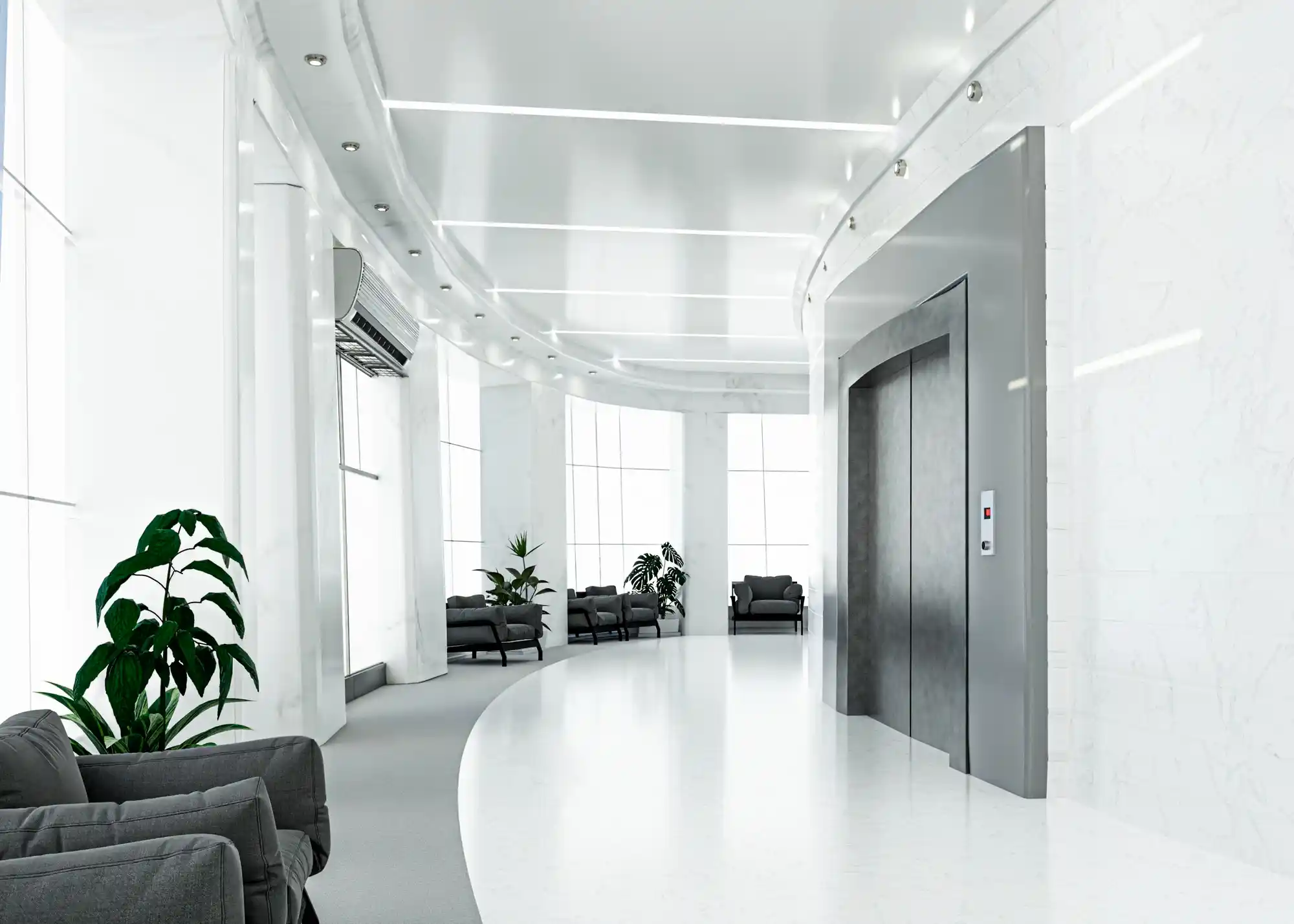 5 tipos de consultório para investir: imagem em preto-e-branco de hall de entrada de consultório com elevador.
