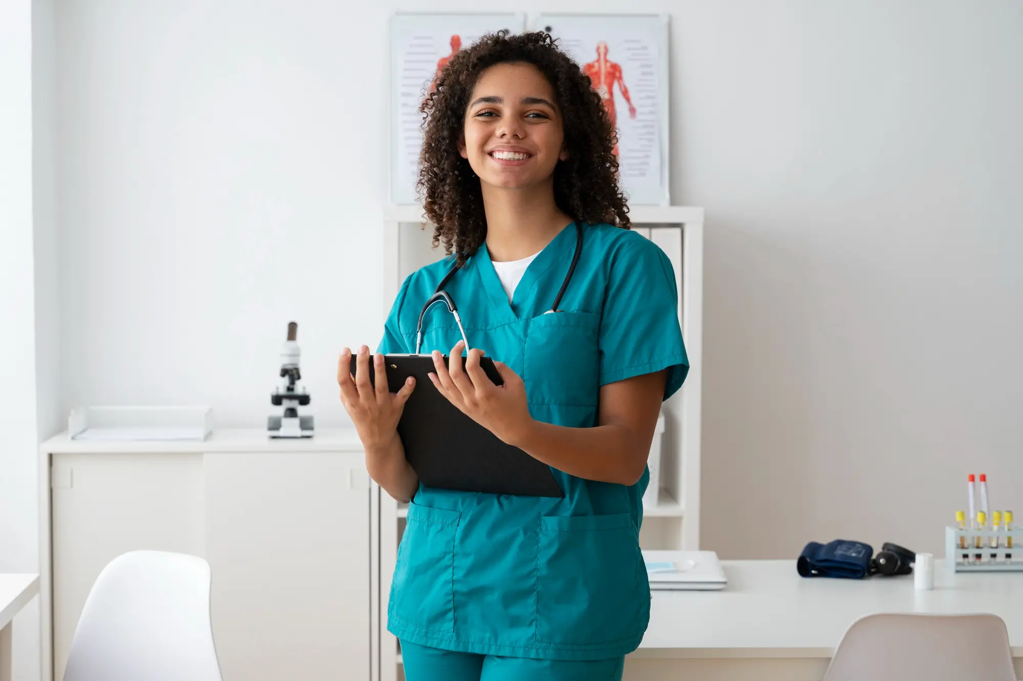 5 tipos de consultório para investir: pessoa em pé em consultório de enfermagem com roupa azul, estetoscópio e tablet