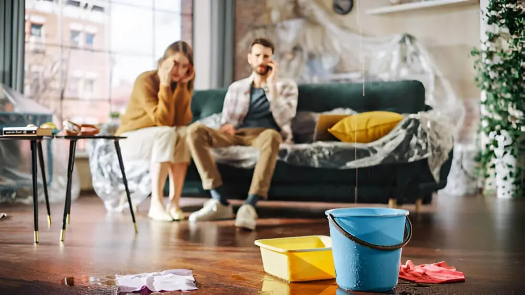 Casal frustrado com baldes no chão devido a uma infiltração em seu apartamento.