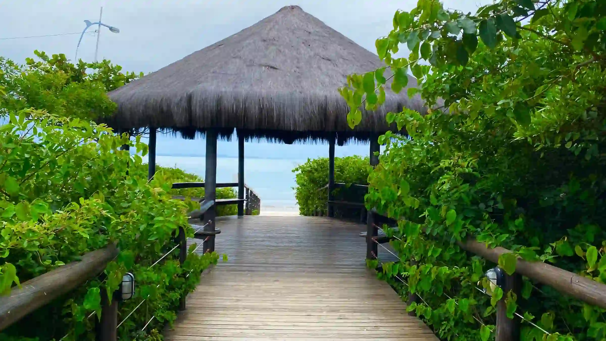 Morar em Jurerê: imagem de praia com chalé e árvores