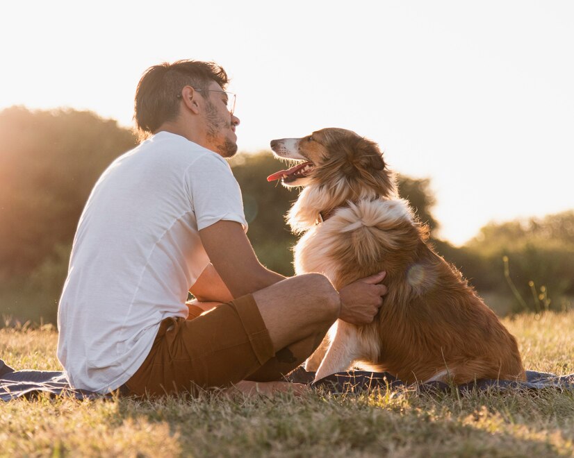 Plano de Saúde Pet: homem em parque sentado ao lado do seu cachorro